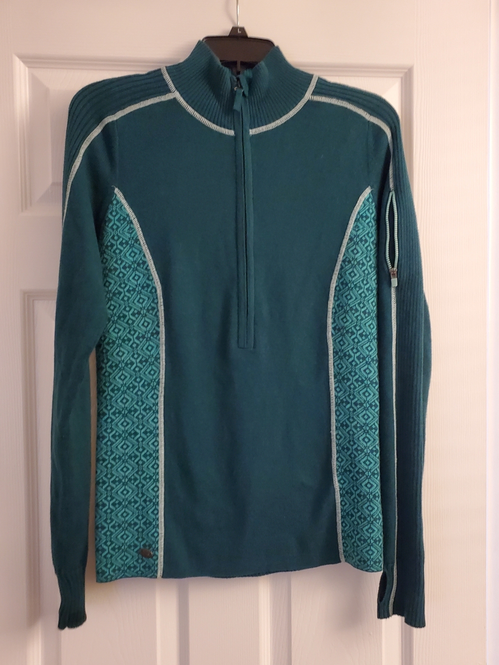 Athleta Teal Zip-Up Sweater with Patterned Side Panels M